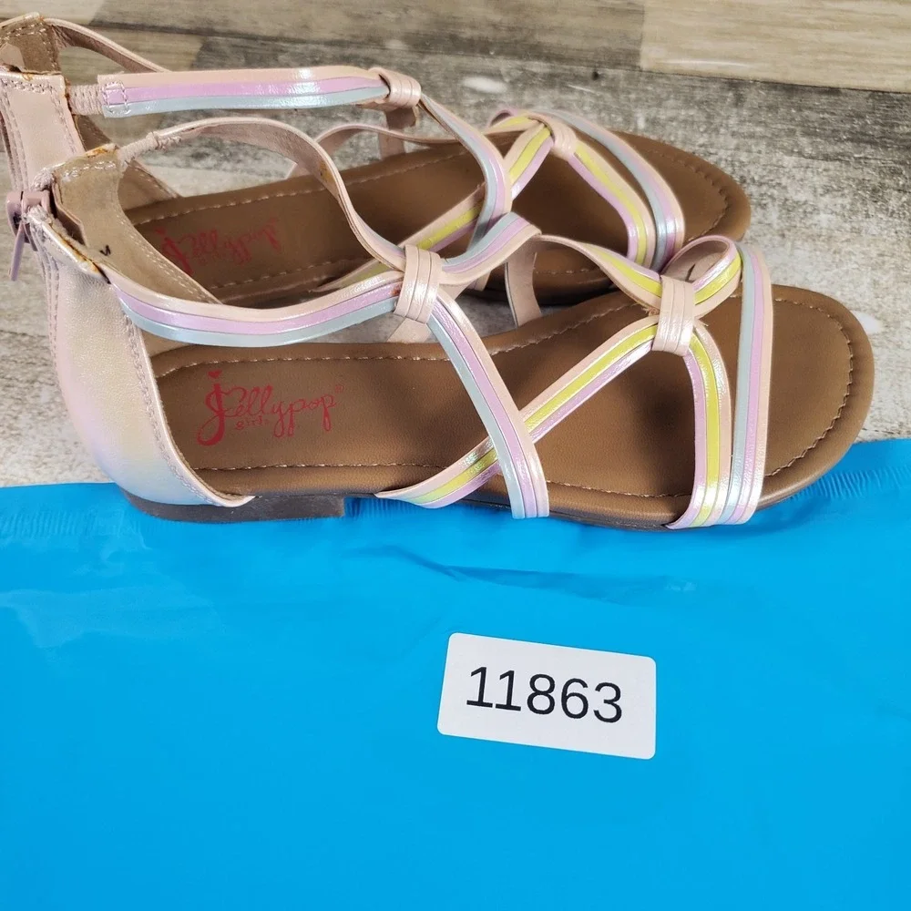 Jellypop Marita Kids Flat Sandals Sz 2 M Pastel Multi Leather Back Zip Open Toe